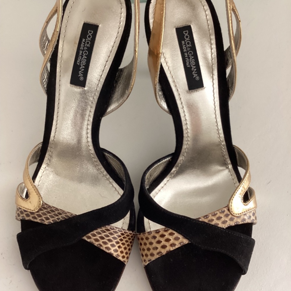 REDUCED DOLCE AND GABBANA BLACK AND GOLD SUEDE & LEATHER HEELS SANDALS 36.5 US 6 - Picture 6 of 10